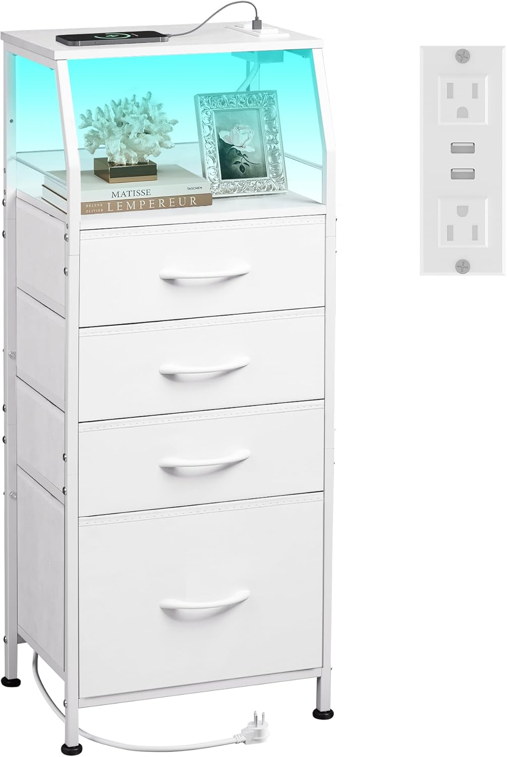 WLIVE Fabric 4-Drawer LED Nightstand with Charging Station