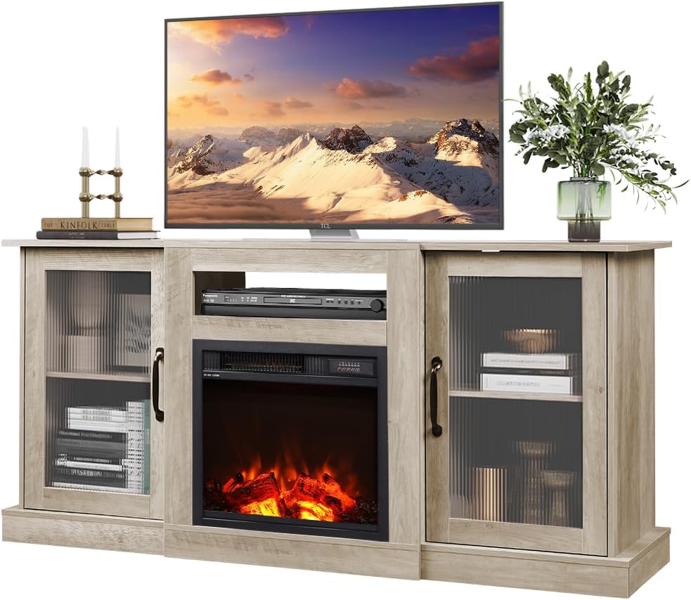 WLIVE Farmhouse TV Console with 18 Inch Electric Fireplace