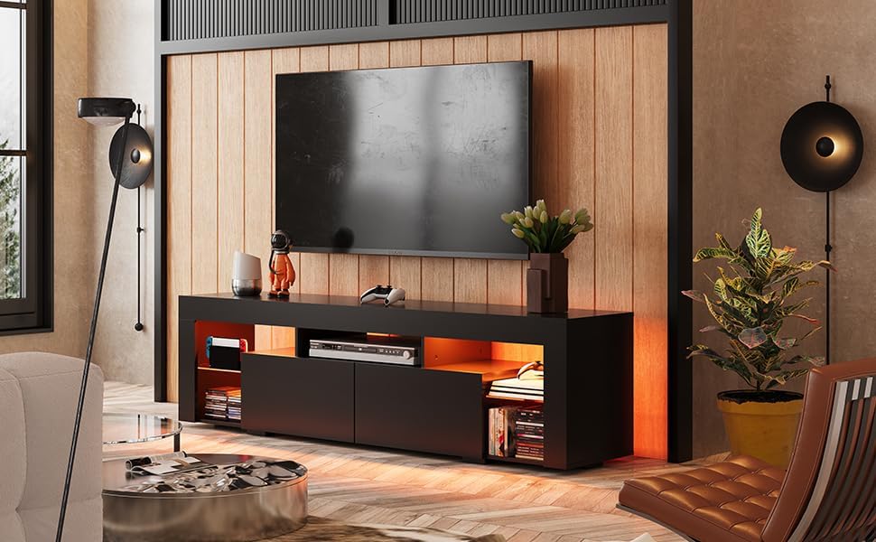 WLIVE Modern LED TV Stand with Glass Shelves for 70 Inch TV