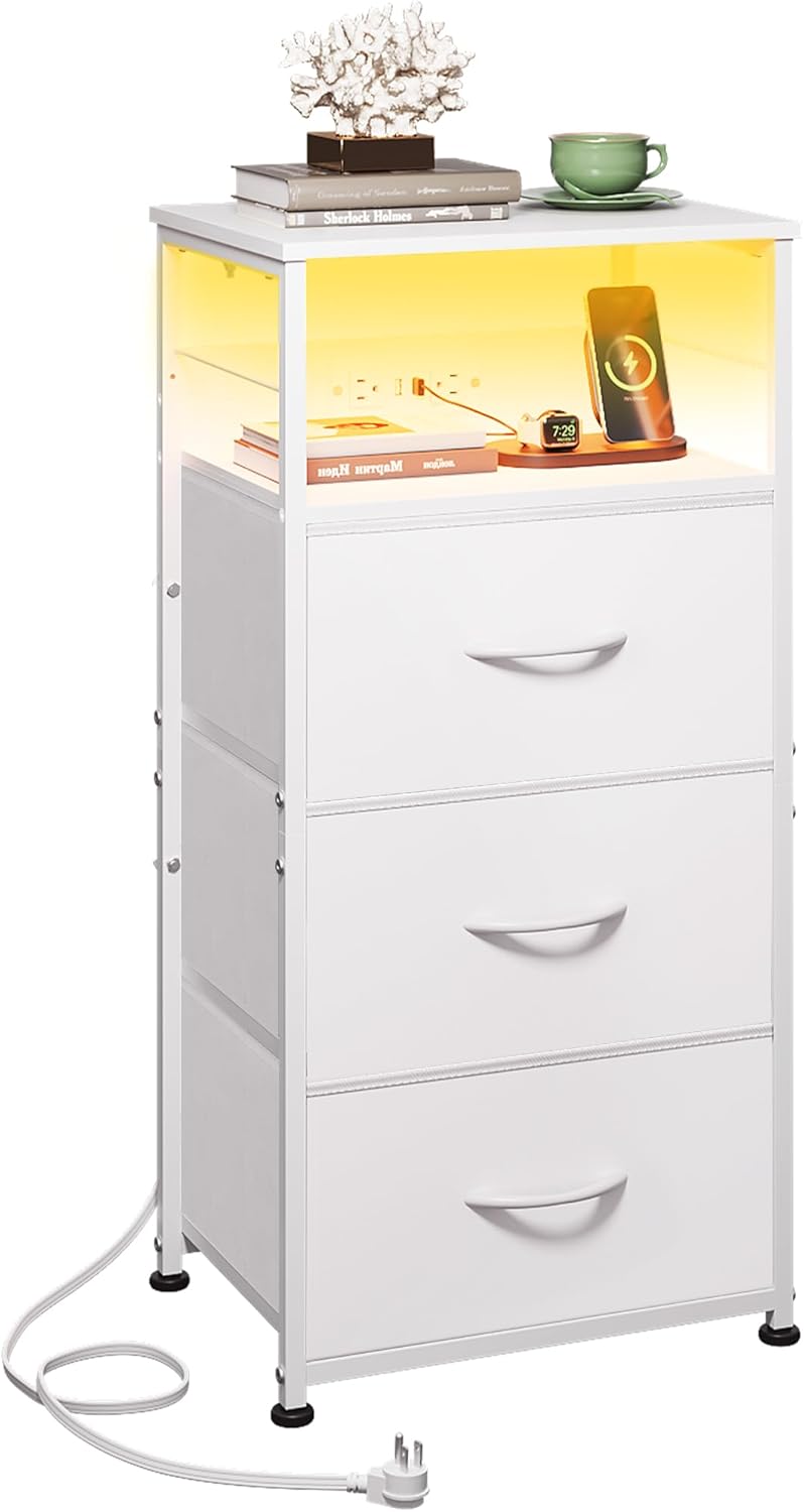 WLIVE Fabric 3-Drawer LED Nightstand with Charging Station