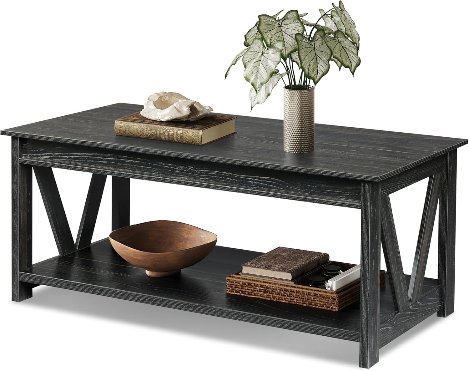 WLIVE Rectangle Farmhouse Wood Coffee Table with Storage Shelf