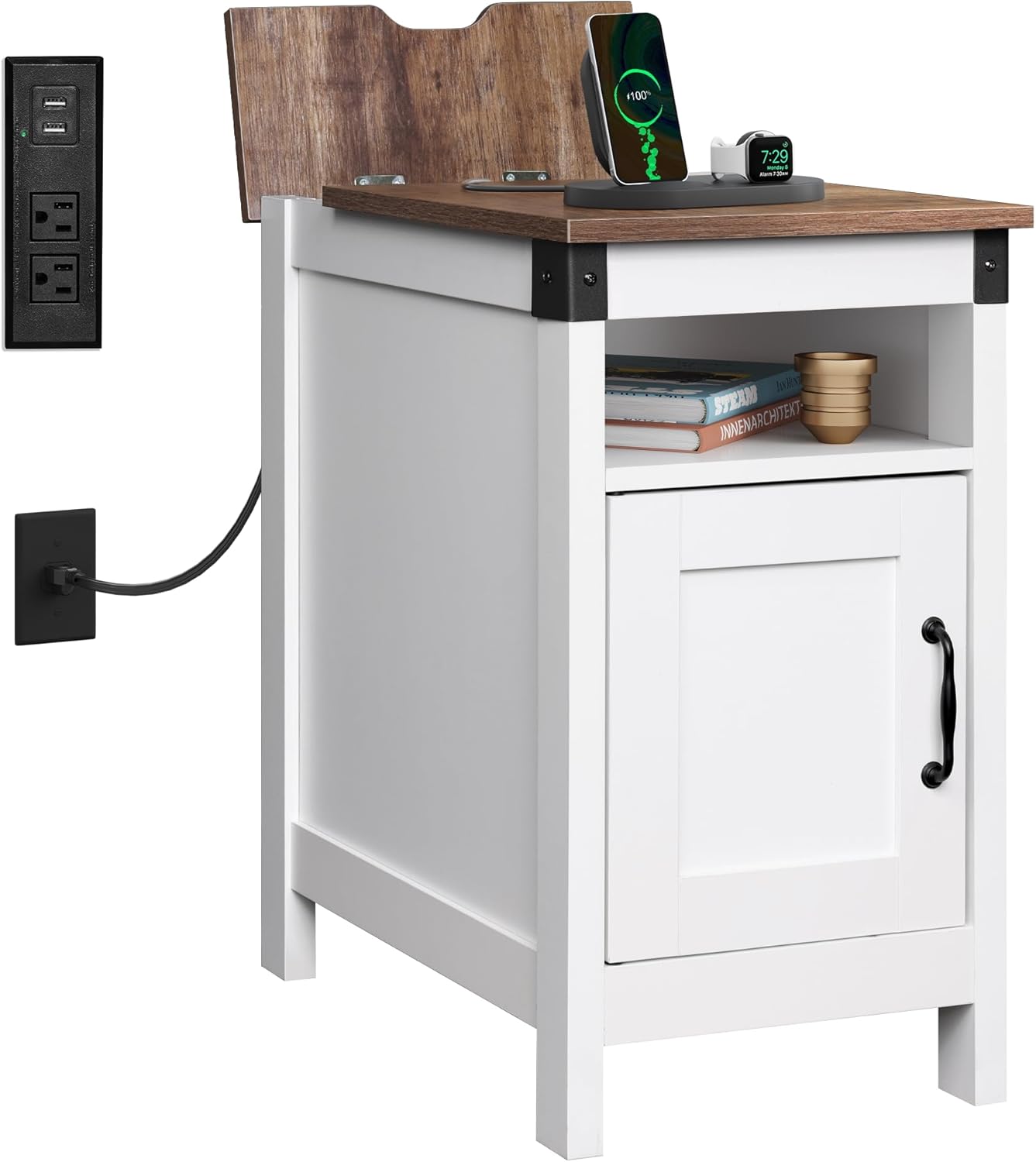 WLIVE Narrow Vintage Charging Side Table with Cabinet