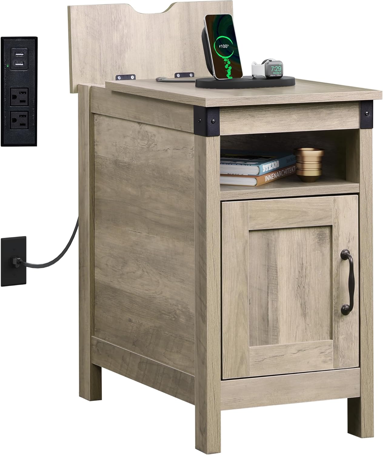 WLIVE Narrow Vintage Charging Side Table with Cabinet