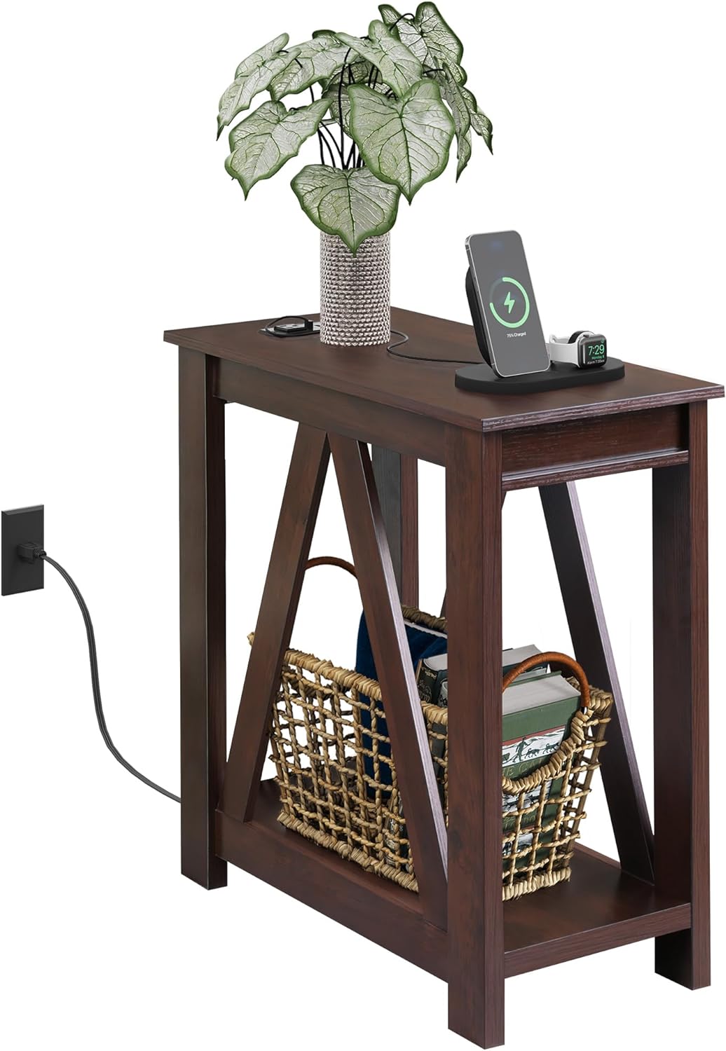 WLIVE Farmhouse Narrow 2-Tier Side Table with Charging Station