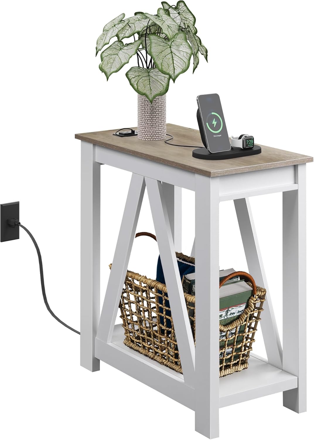 WLIVE Farmhouse Narrow 2-Tier Side Table with Charging Station