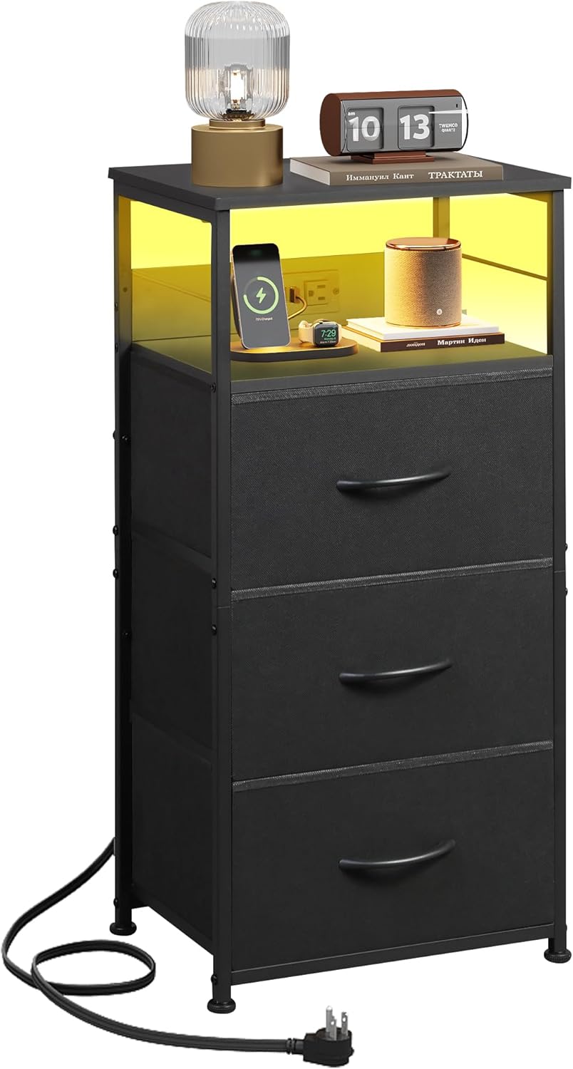 WLIVE Fabric 3-Drawer LED Nightstand with Charging Station