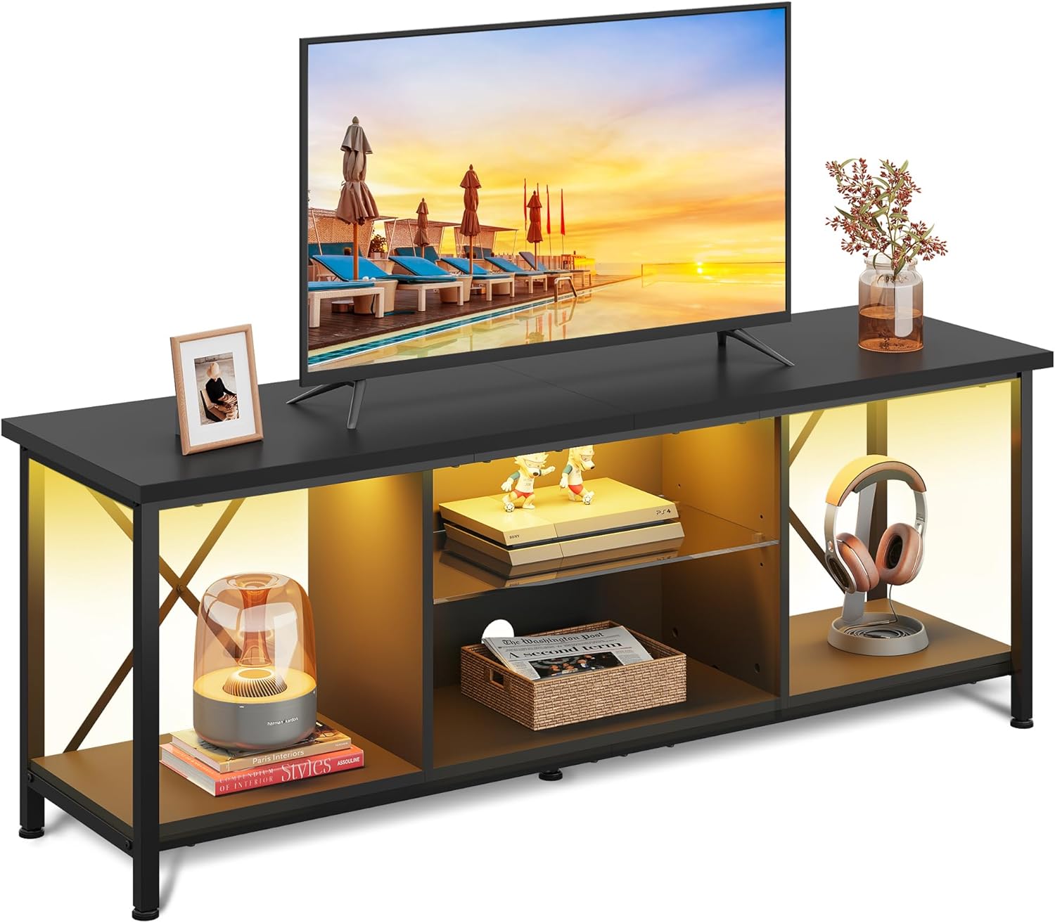 WLIVE Industrial LED TV Stand with Storage Shelves for 65 Inch TV