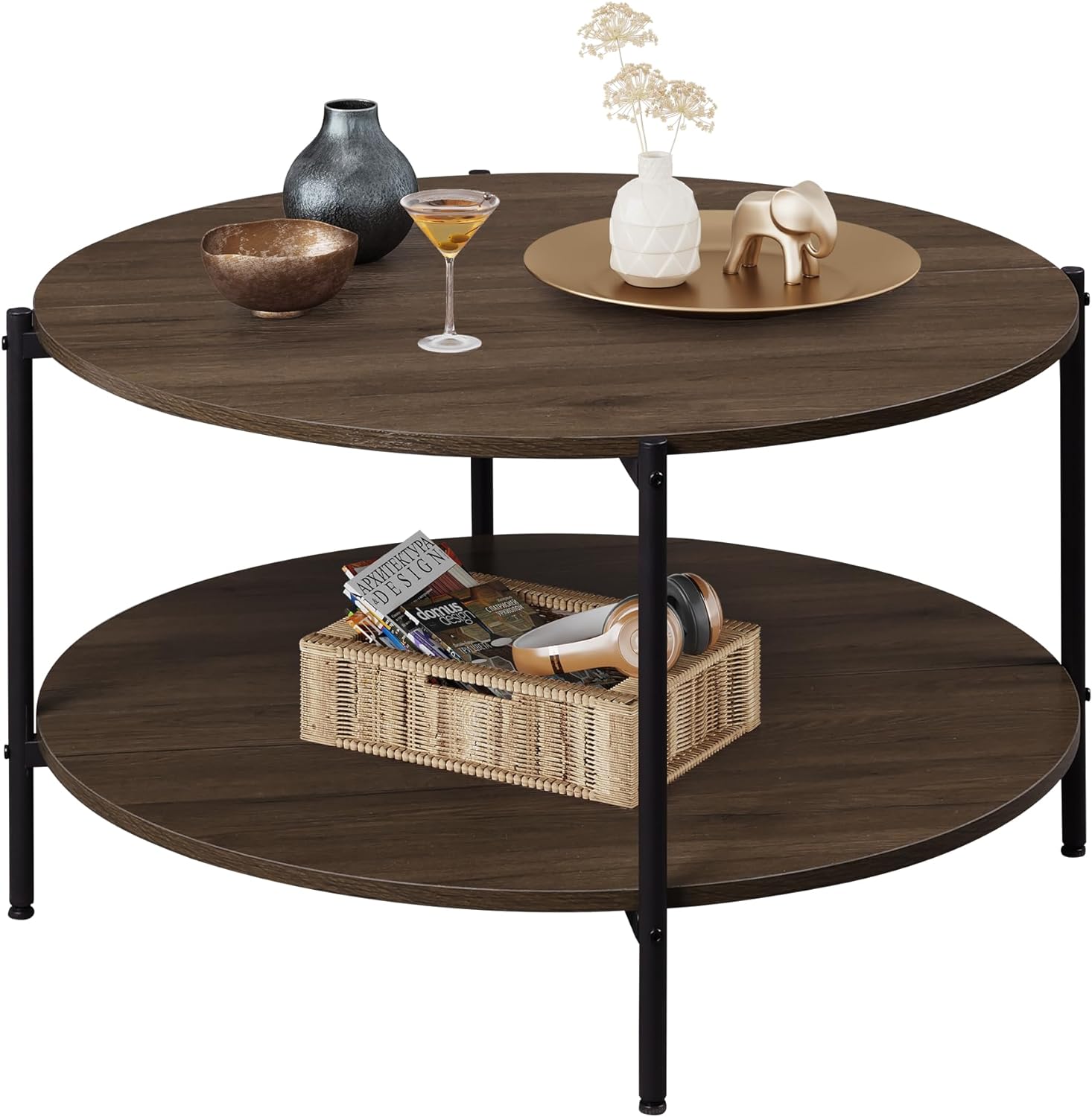 WLIVE Round Industrial Wood Coffee Table with Open Storage