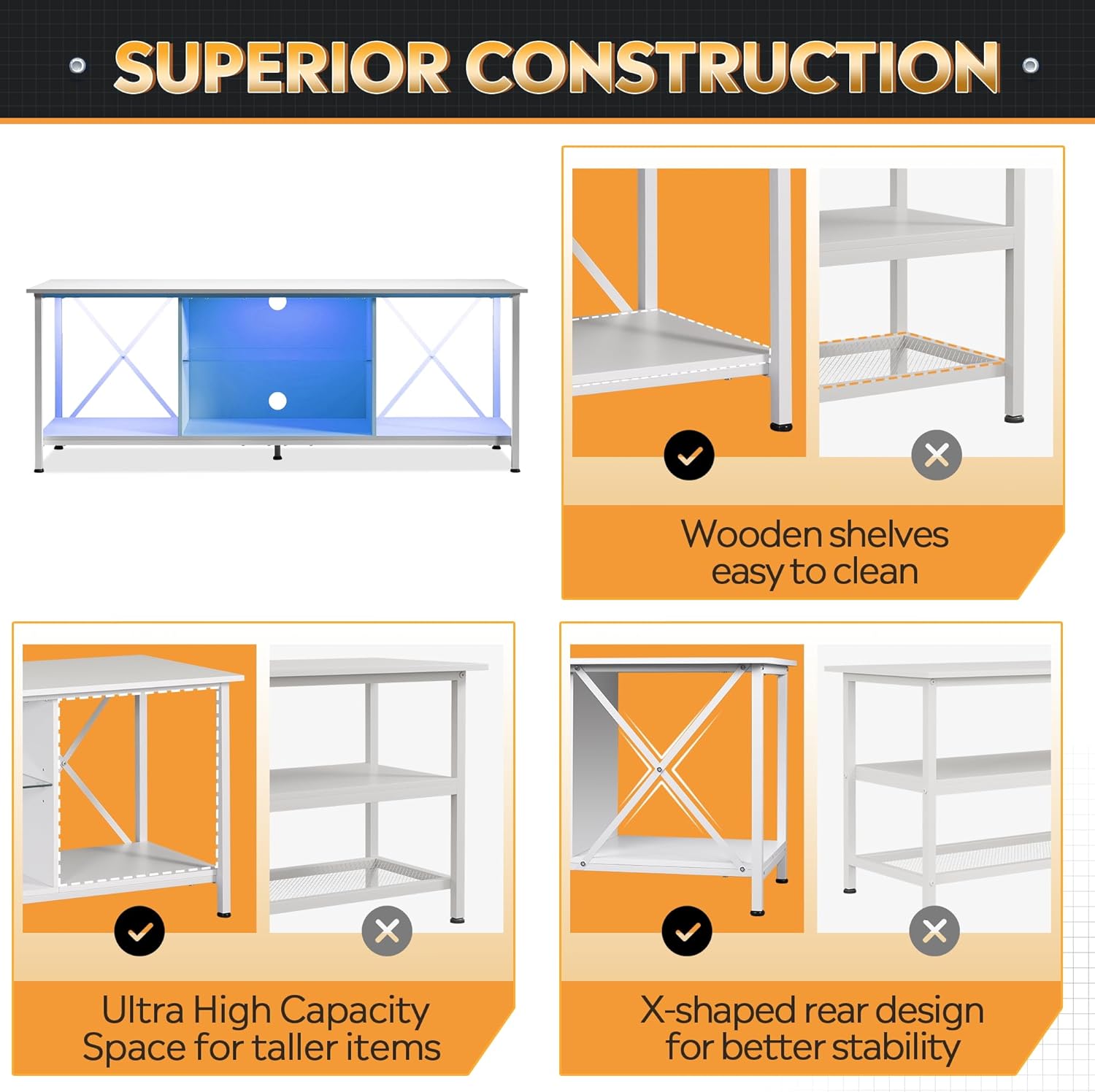 WLIVE Industrial LED TV Stand with Storage Shelves for 65 Inch TV