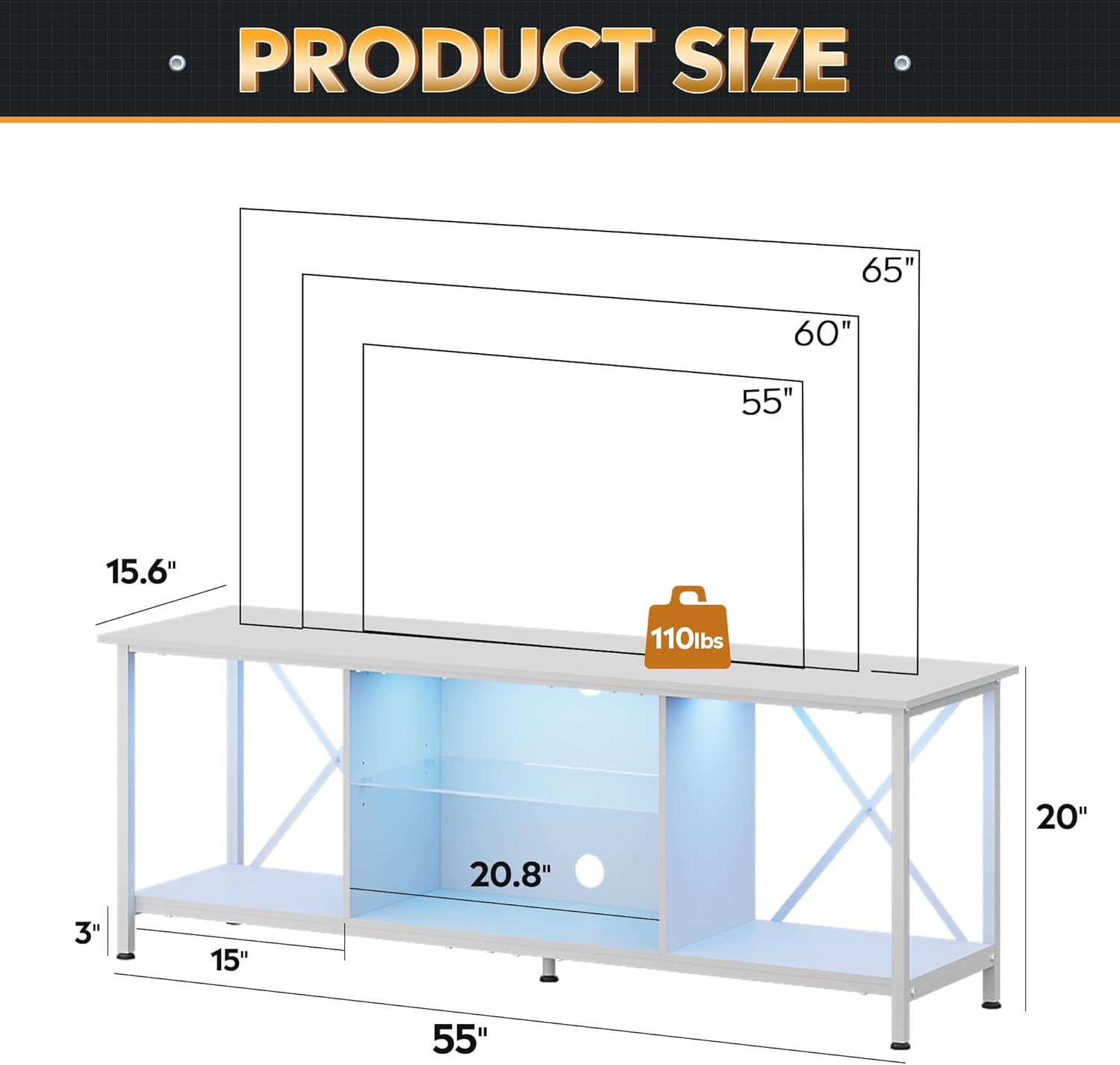 WLIVE Industrial LED TV Stand with Storage Shelves for 65 Inch TV