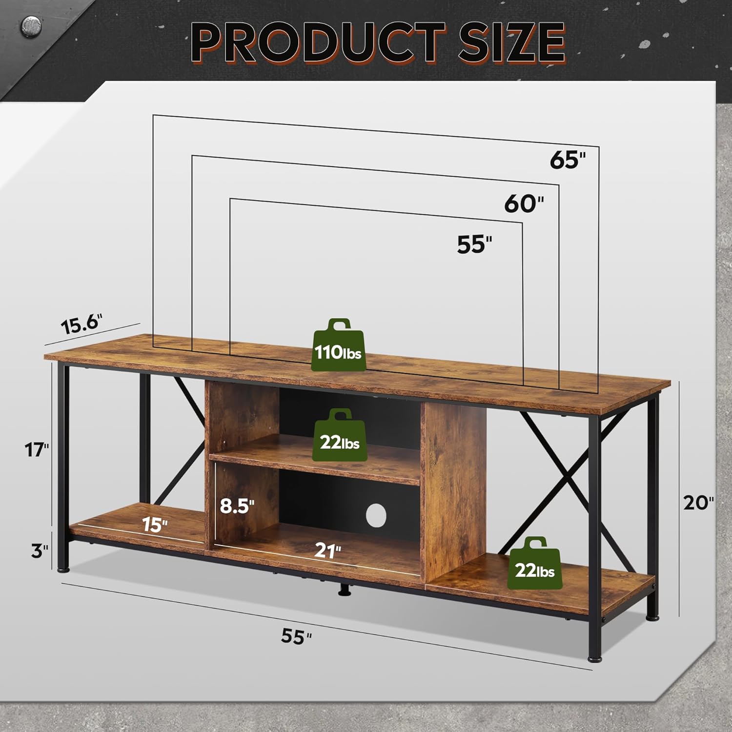 WLIVE Industrial TV Stand with Open Storage Shelves for 65 Inch TV