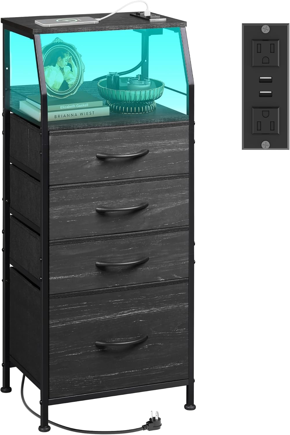 WLIVE Fabric 4-Drawer LED Nightstand with Charging Station