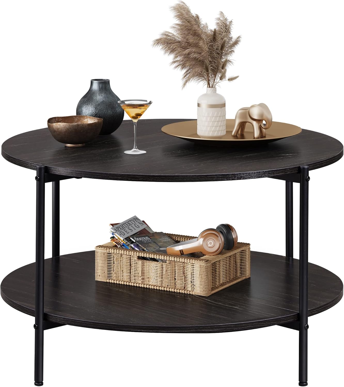 WLIVE Round Industrial Wood Coffee Table with Open Storage