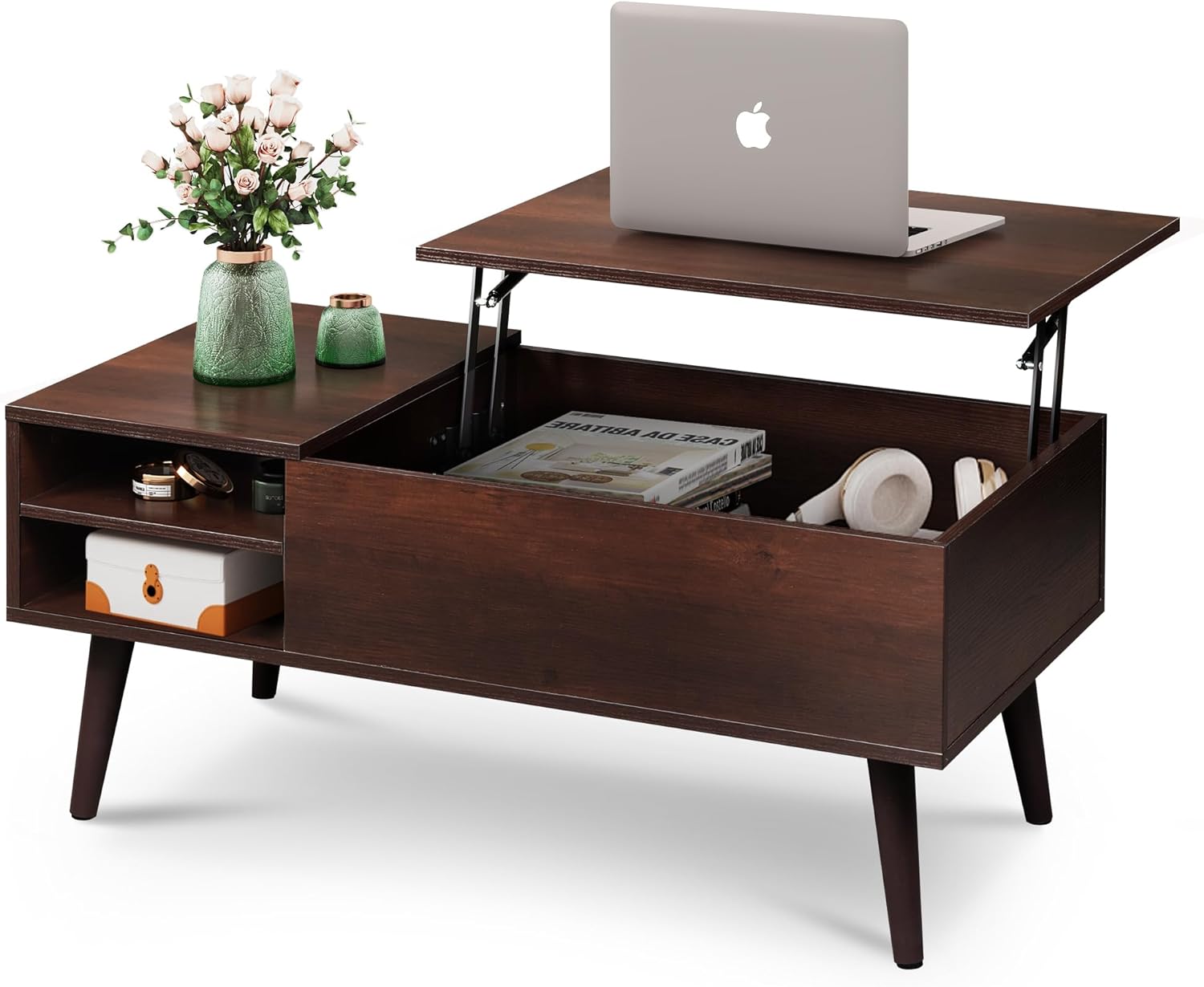 WLIVE Mid Century Modern Wood Lift Top Coffee Table with bookshelves