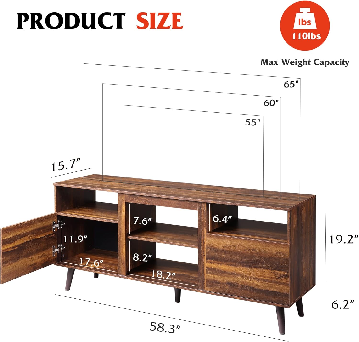 WLIVE Mid Century Modern TV Stand with Cabinets for 65 inch TV