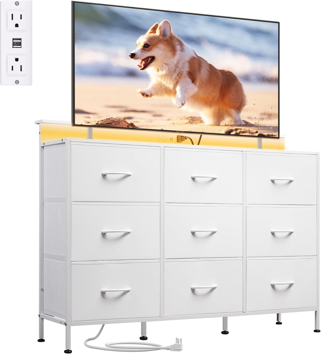 WLIVE Minimalist 9-Drawer LED Large Storage Fabric Dresser TV Stand