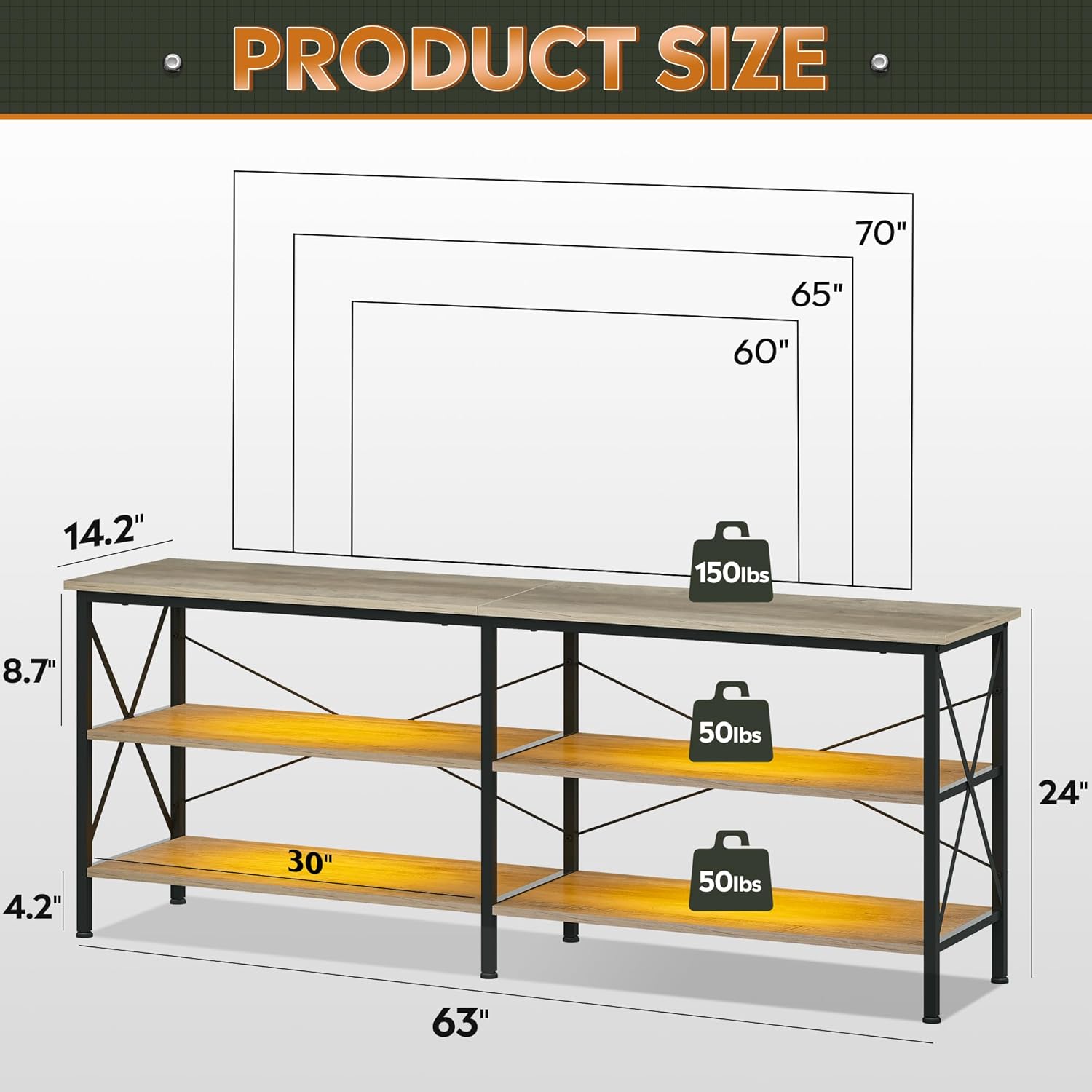 WLIVE Industrial 3-Tier Shelves LED TV Stand for TVs up to 70''