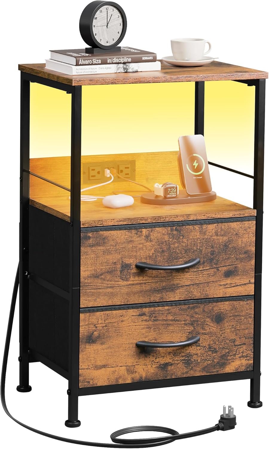 WLIVE 3-Tier LED Storage Nightstand with Charging Station (25.2 in. H)