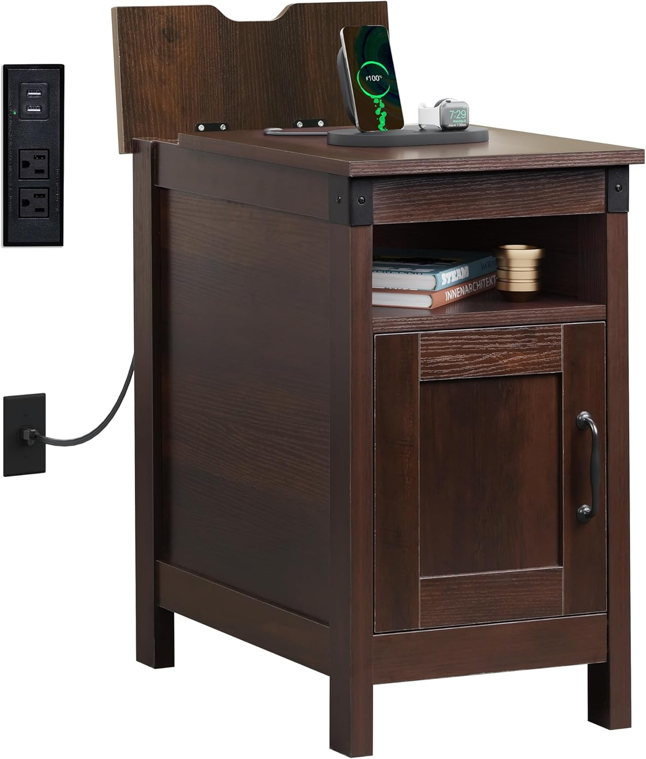 WLIVE Narrow Vintage Charging Side Table with Cabinet