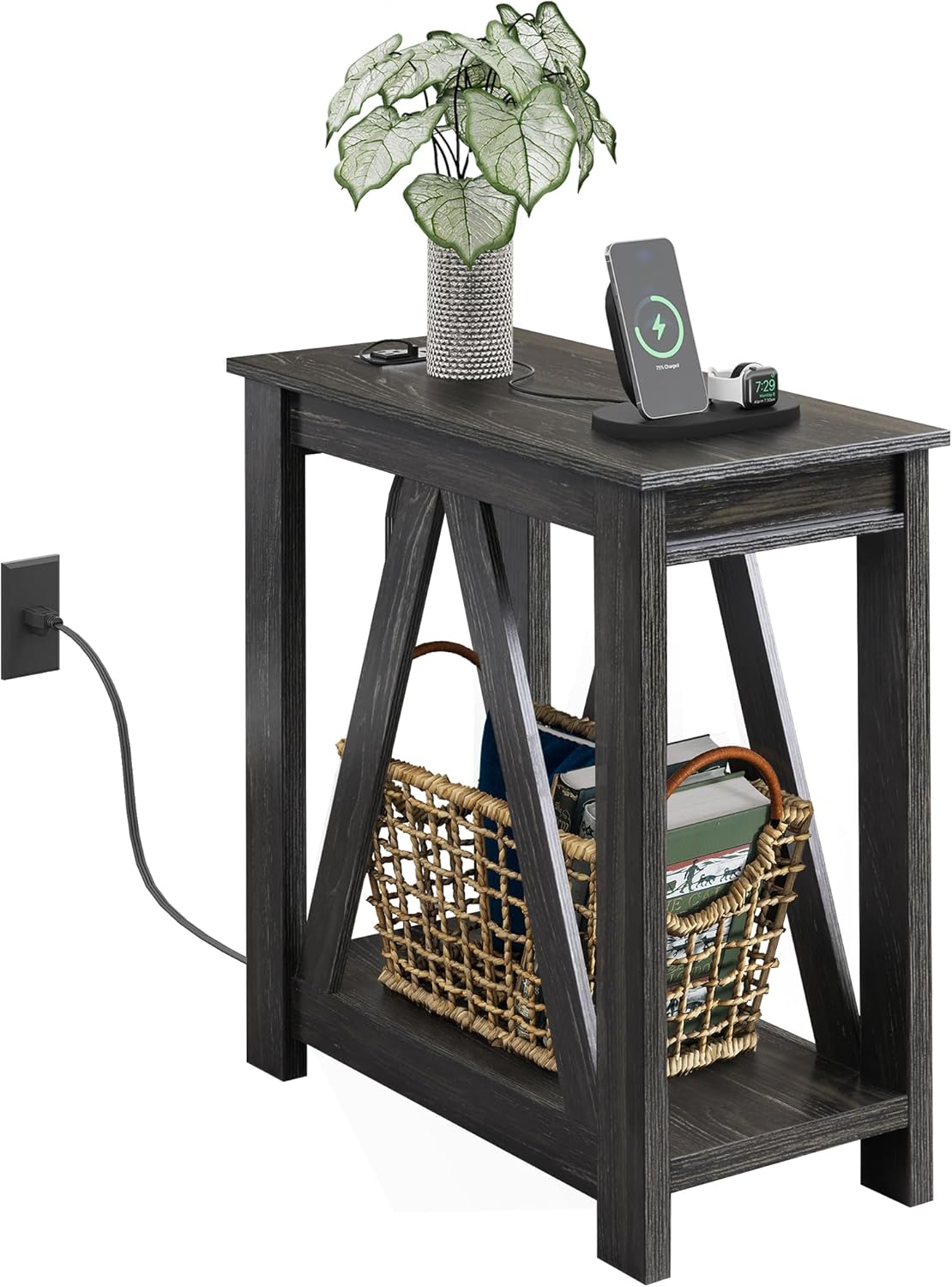 WLIVE Farmhouse Narrow 2-Tier Side Table with Charging Station