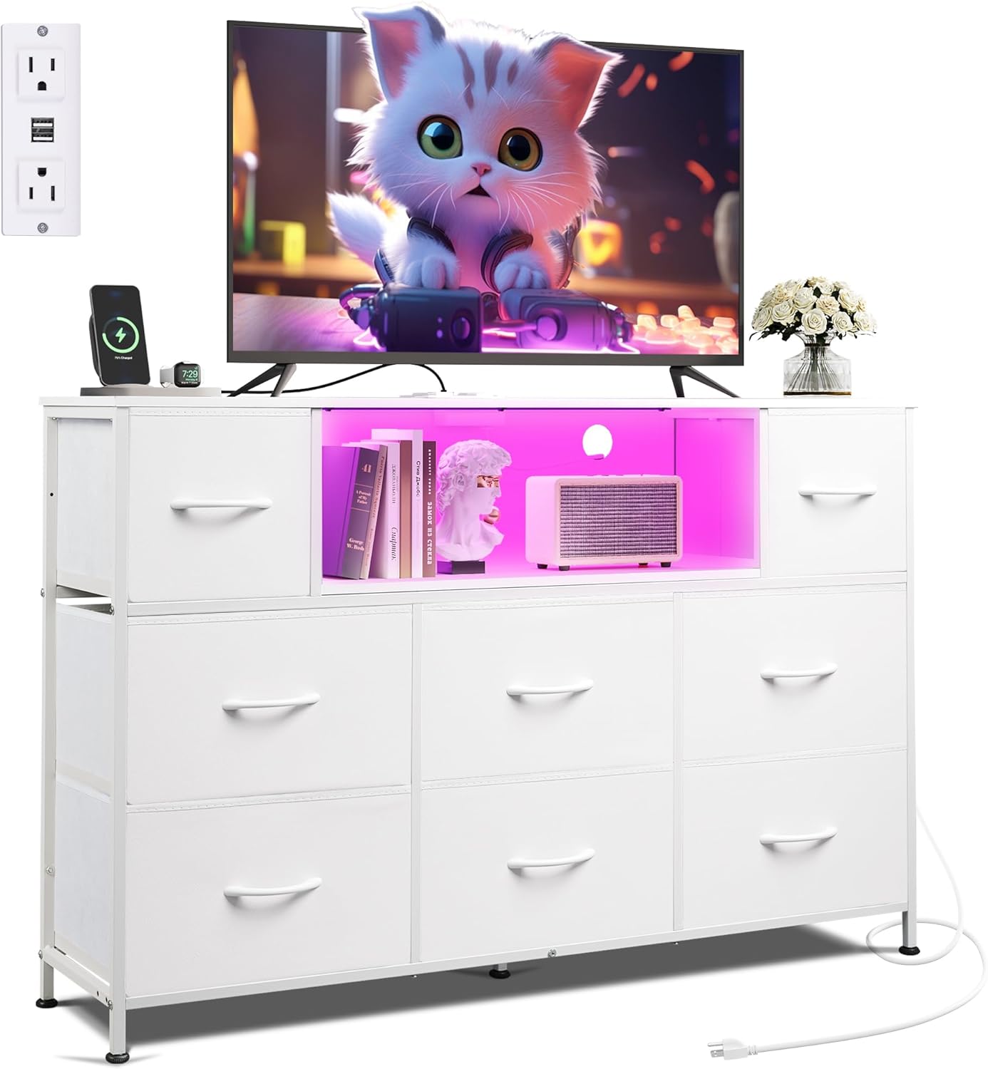 WLIVE Minimalist White 8-Drawer Display Fabric Dresser TV Stand