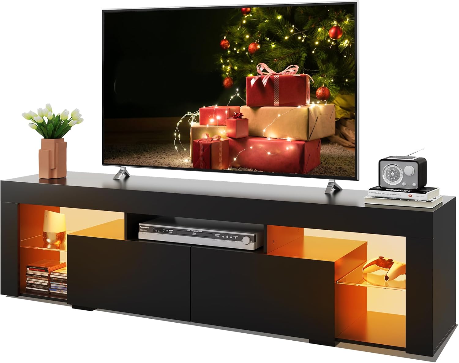 WLIVE Modern LED TV Stand with Glass Shelves for 70 Inch TV