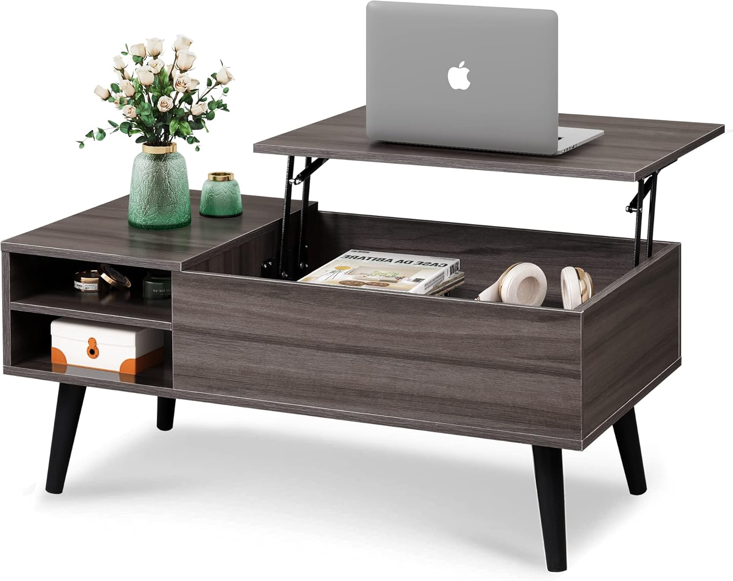 WLIVE Mid Century Modern Wood Lift Top Coffee Table with bookshelves