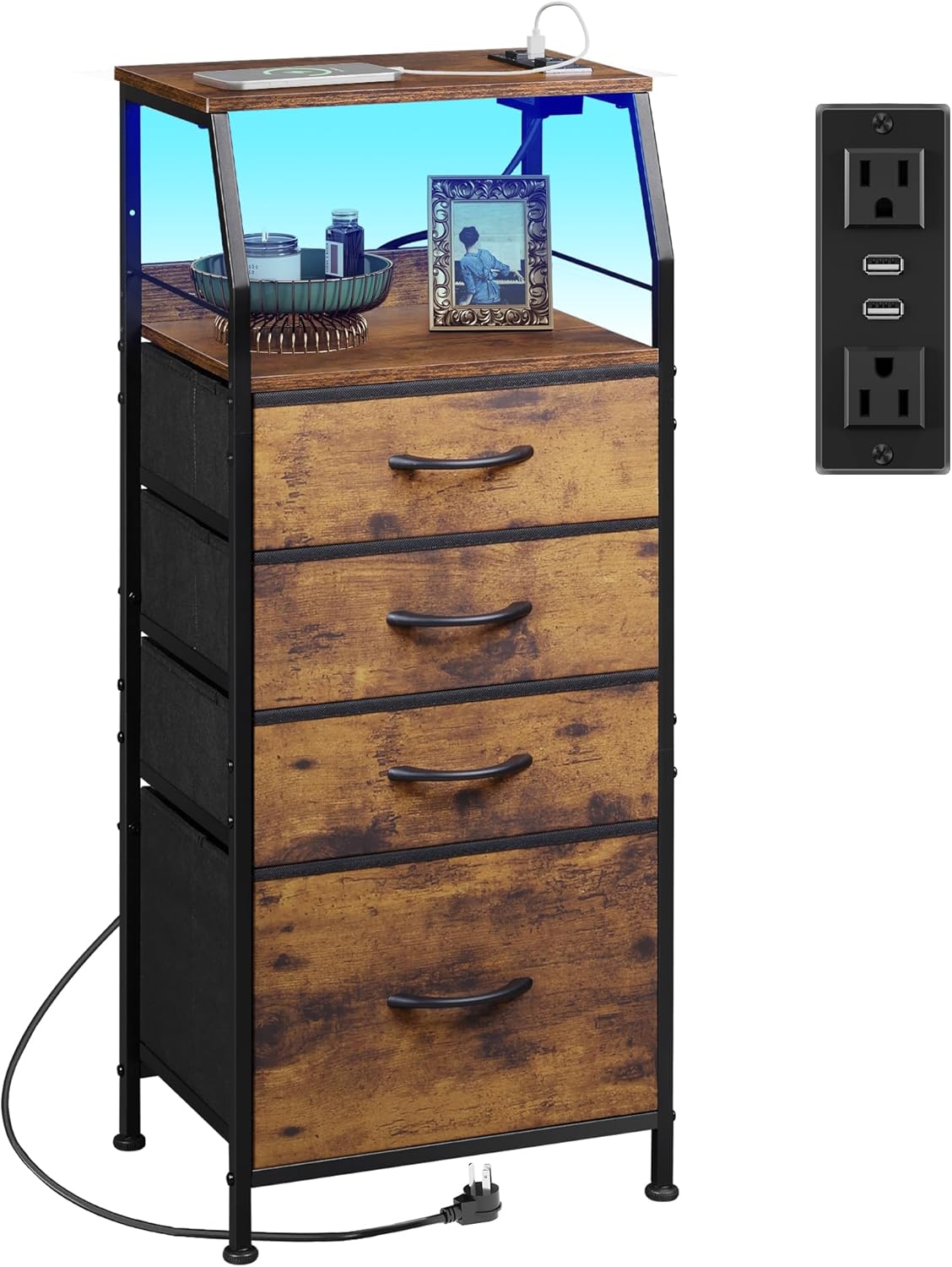 WLIVE Fabric 4-Drawer LED Nightstand with Charging Station