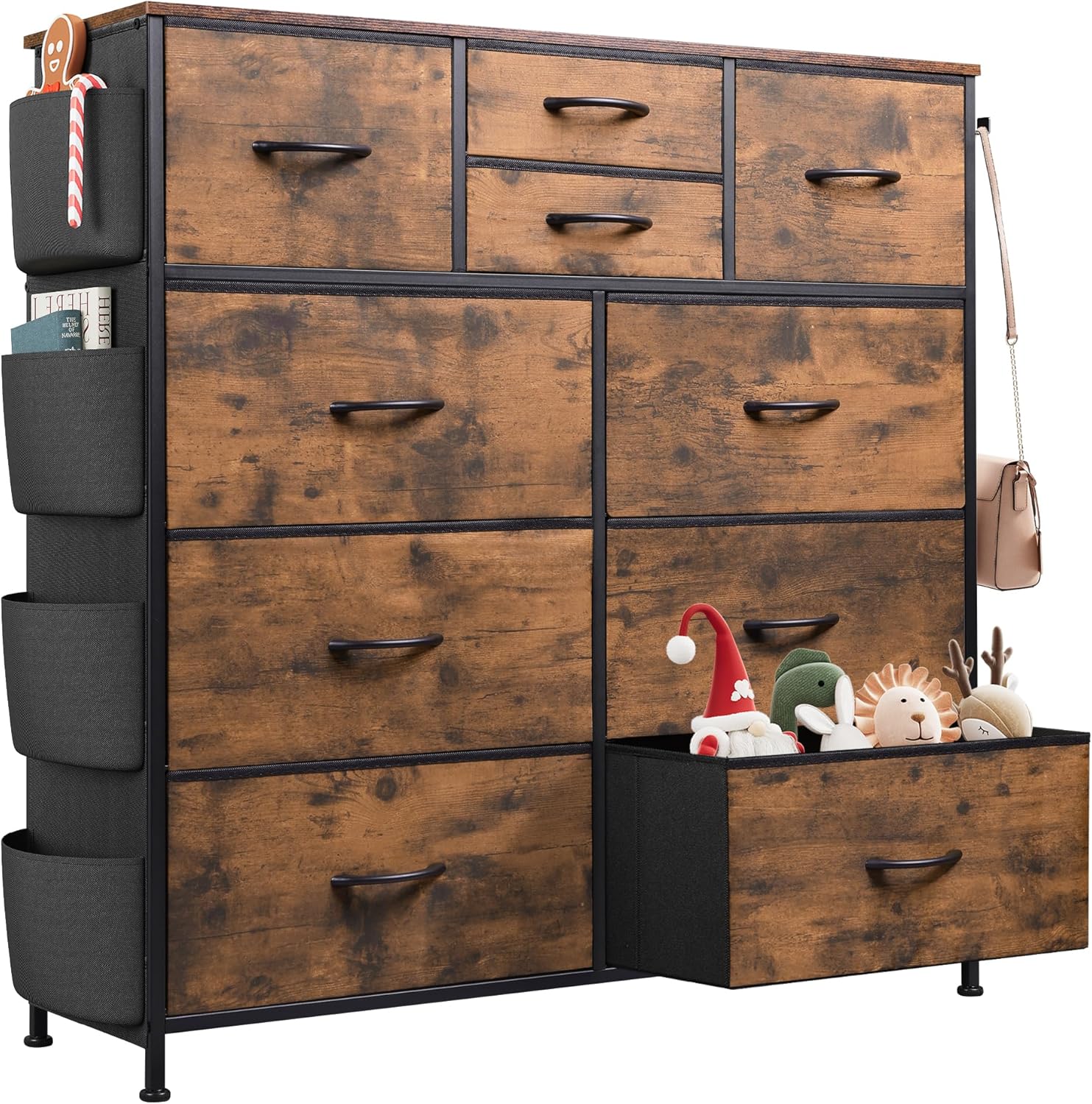 WLIVE 10-Drawer Fabric Dresser with Side Pockets and Hooks