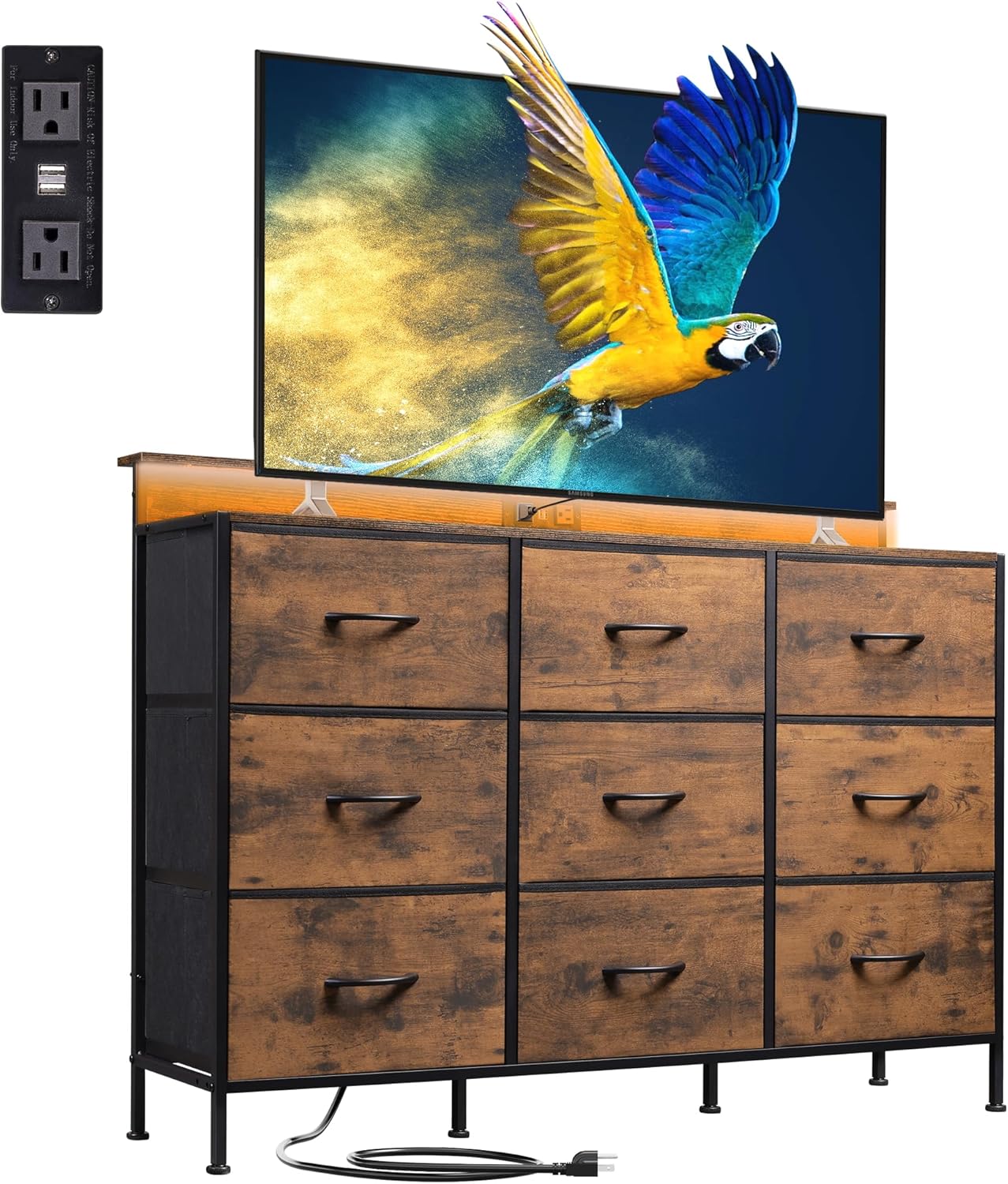 WLIVE Minimalist 9-Drawer LED Large Storage Fabric Dresser TV Stand