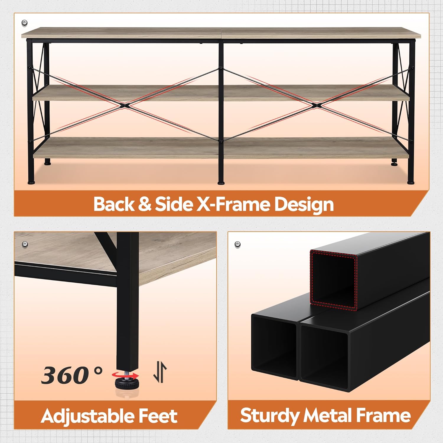 WLIVE Industrial 3-Tier Shelves LED TV Stand for TVs up to 70''