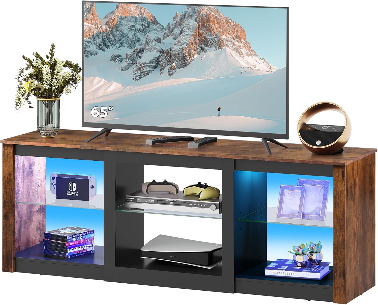 WLIVE Modern Storage LED TV Stand with Glass Shelves for 65 Inch TV