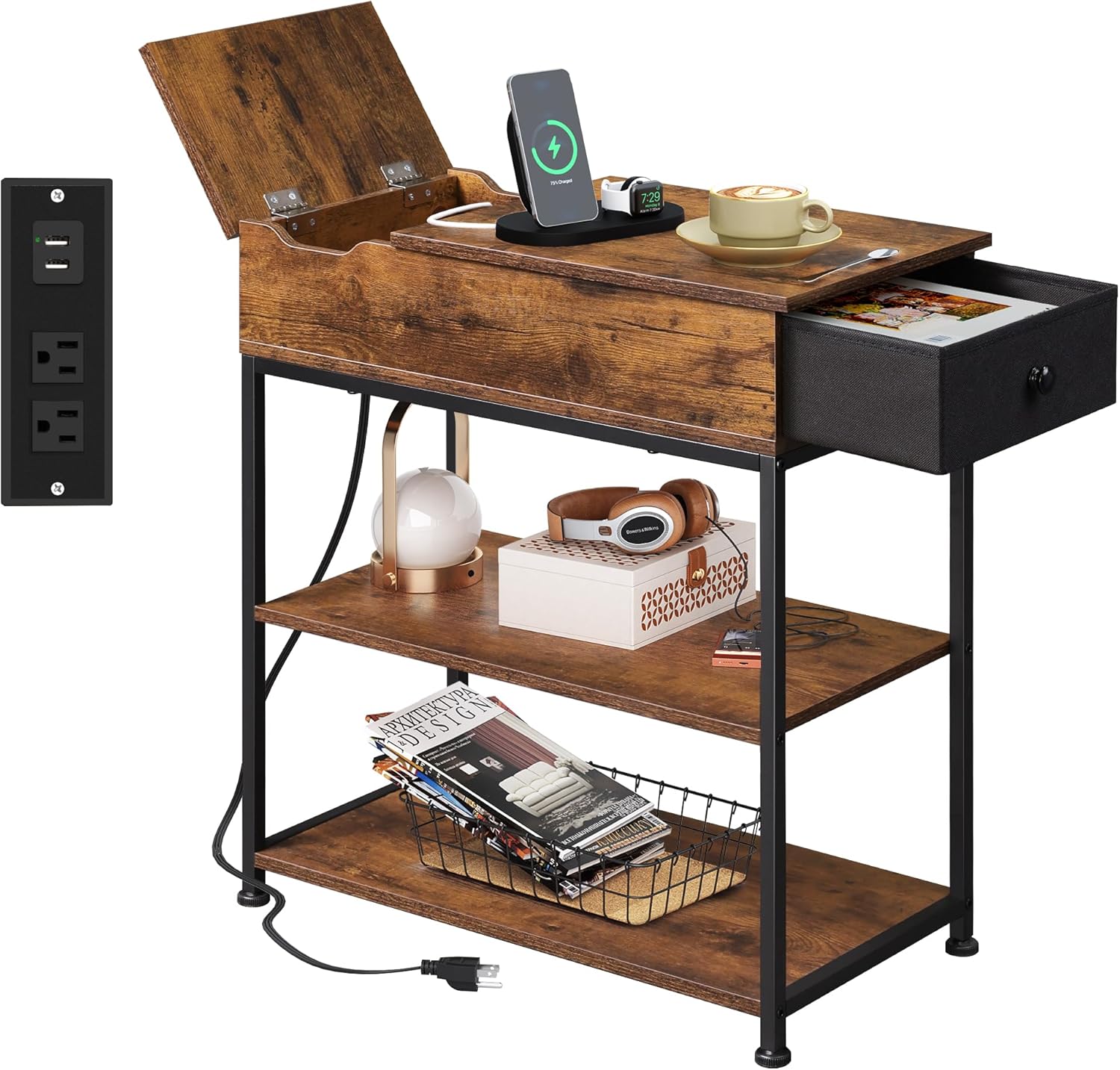 WLIVE Small Wood Storage Side Table with Charging Station