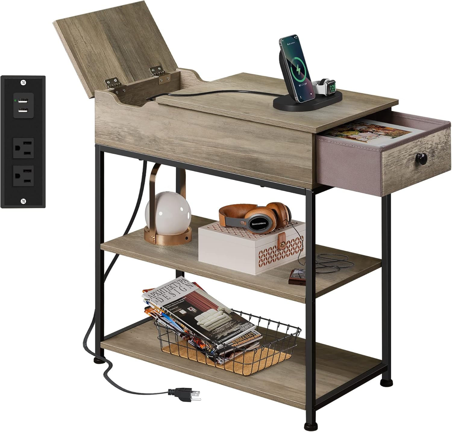 WLIVE Small Wood Storage Side Table with Charging Station