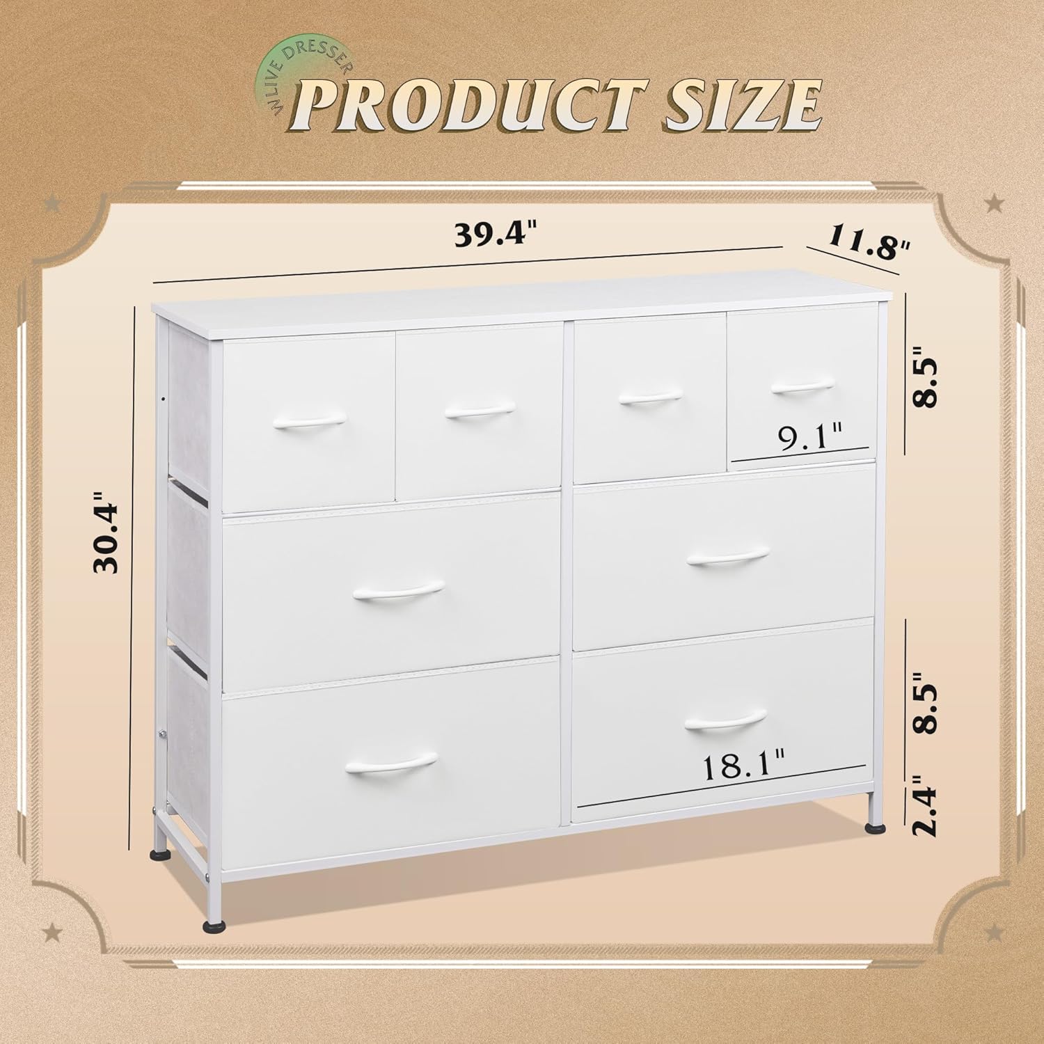 WLIVE Minimalist Wide 8-Drawer Storage Fabric Dresser