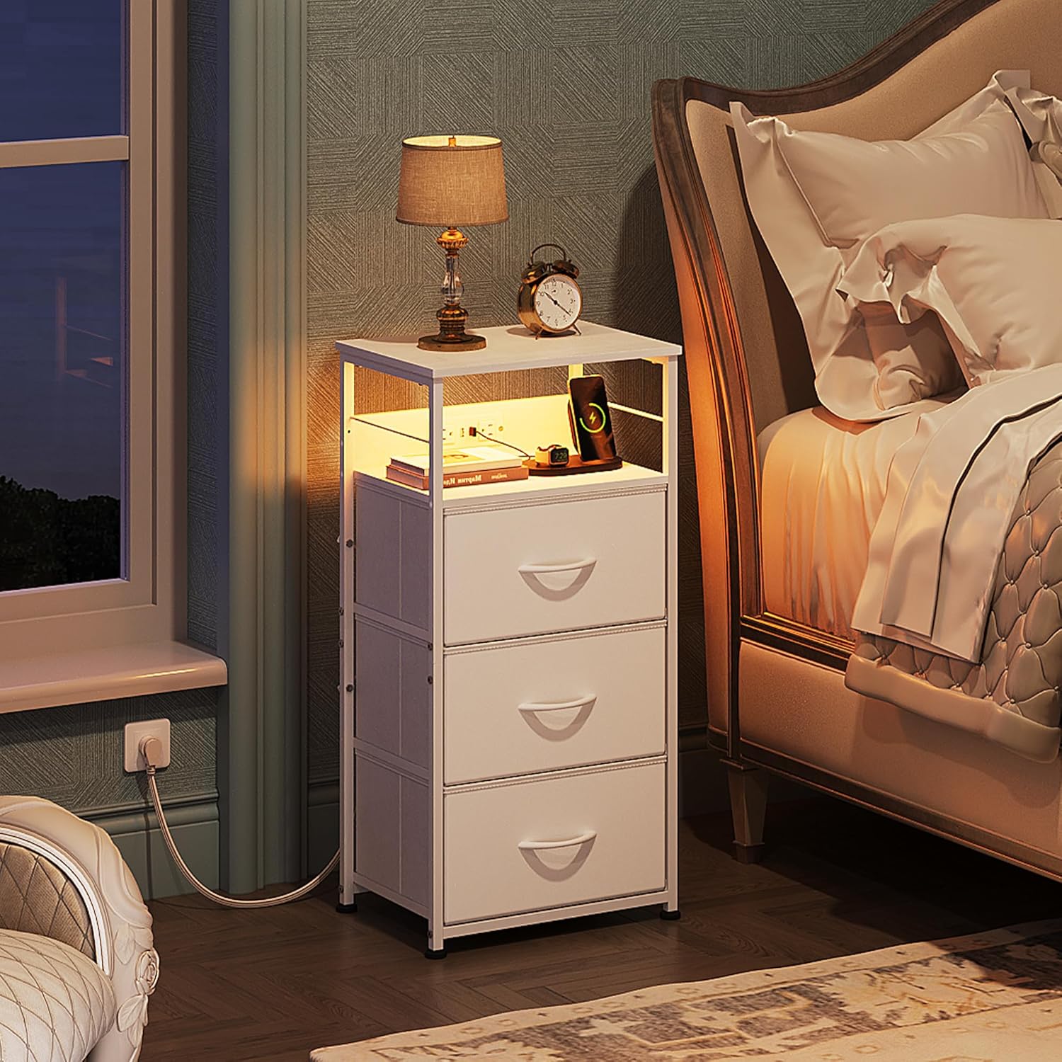 WLIVE Fabric 3-Drawer LED Nightstand with Charging Station