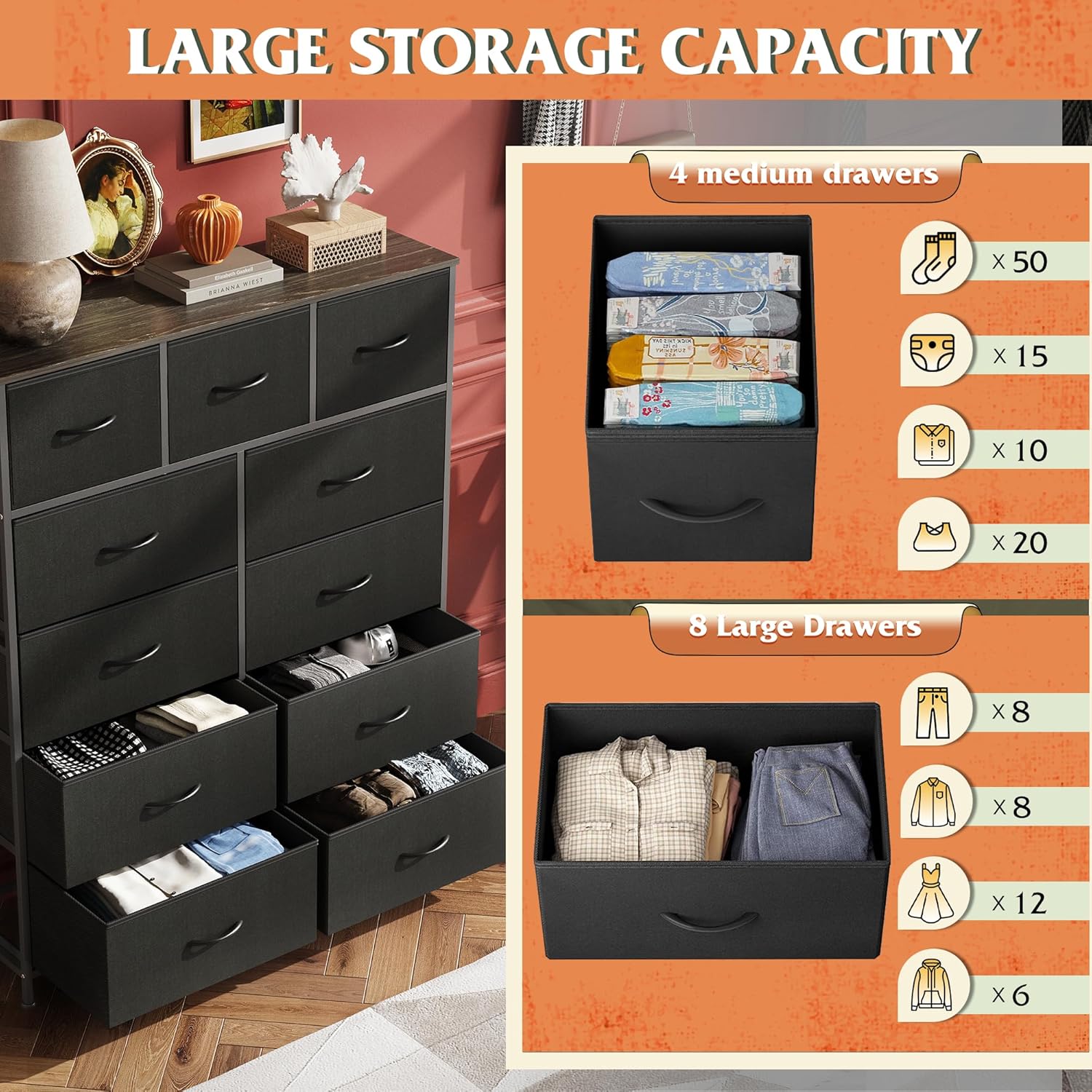 WLIVE Minimalist Tall 11-Drawer Storage Fabric Dresser