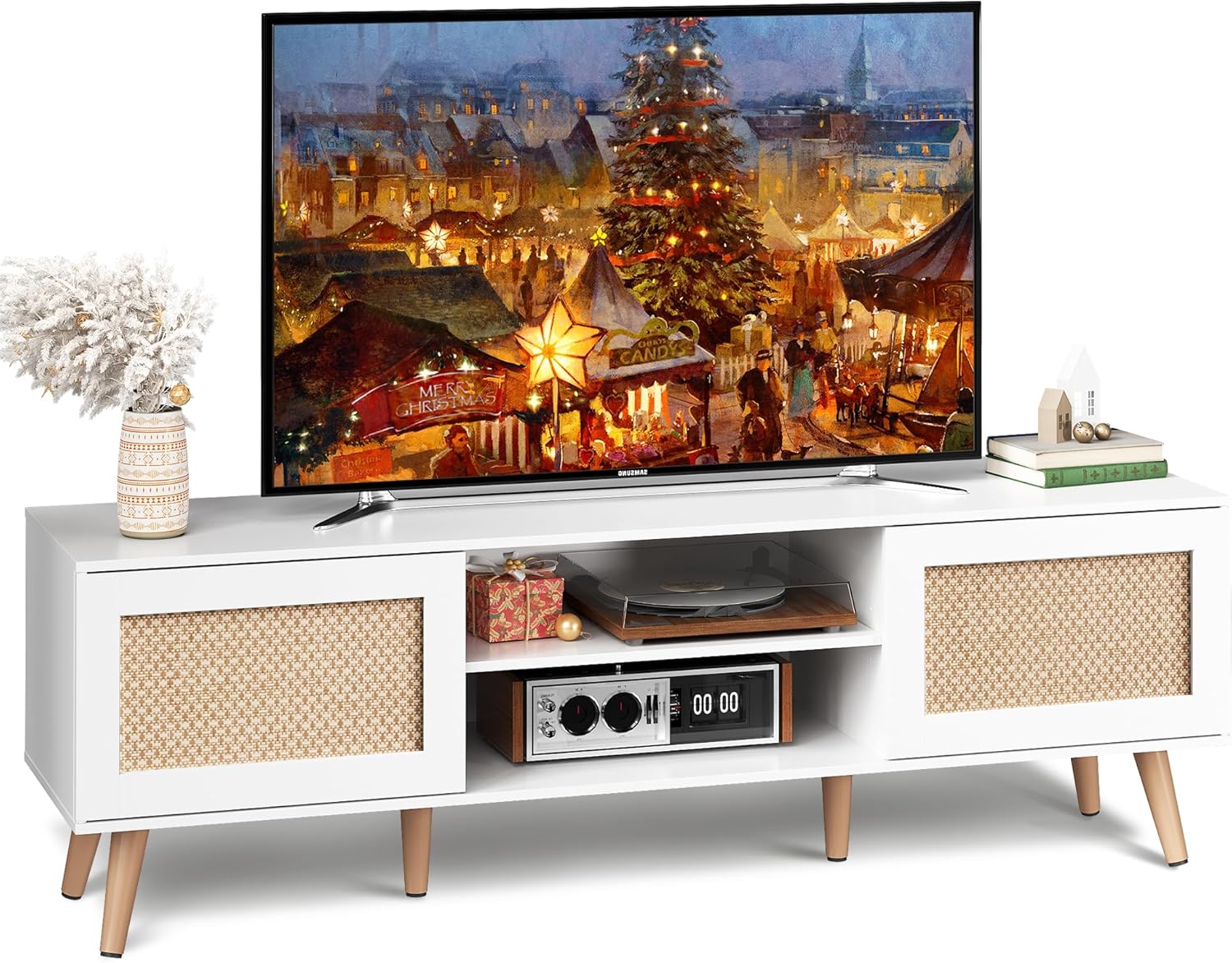 WLIVE Boho TV Stand with 2 Rattan Cabinets for 65 Inch TV