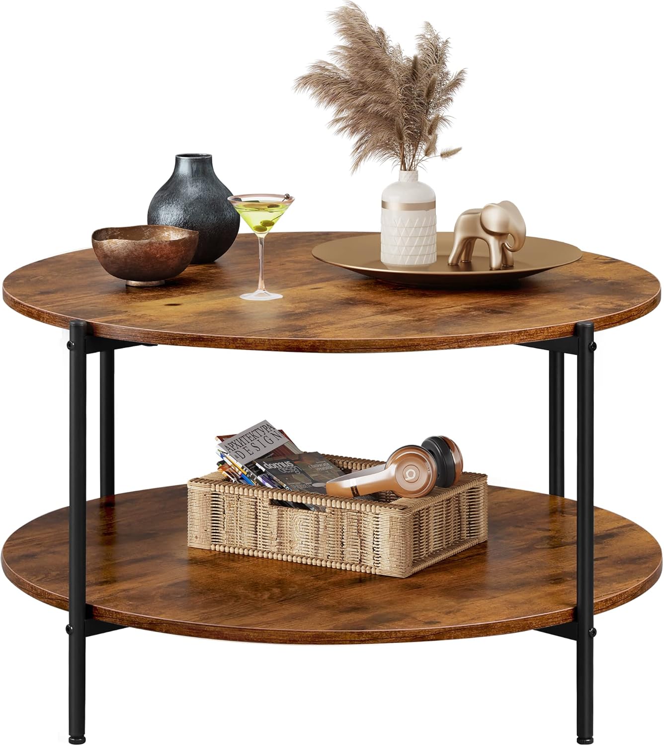 WLIVE Round Industrial Wood Coffee Table with Open Storage