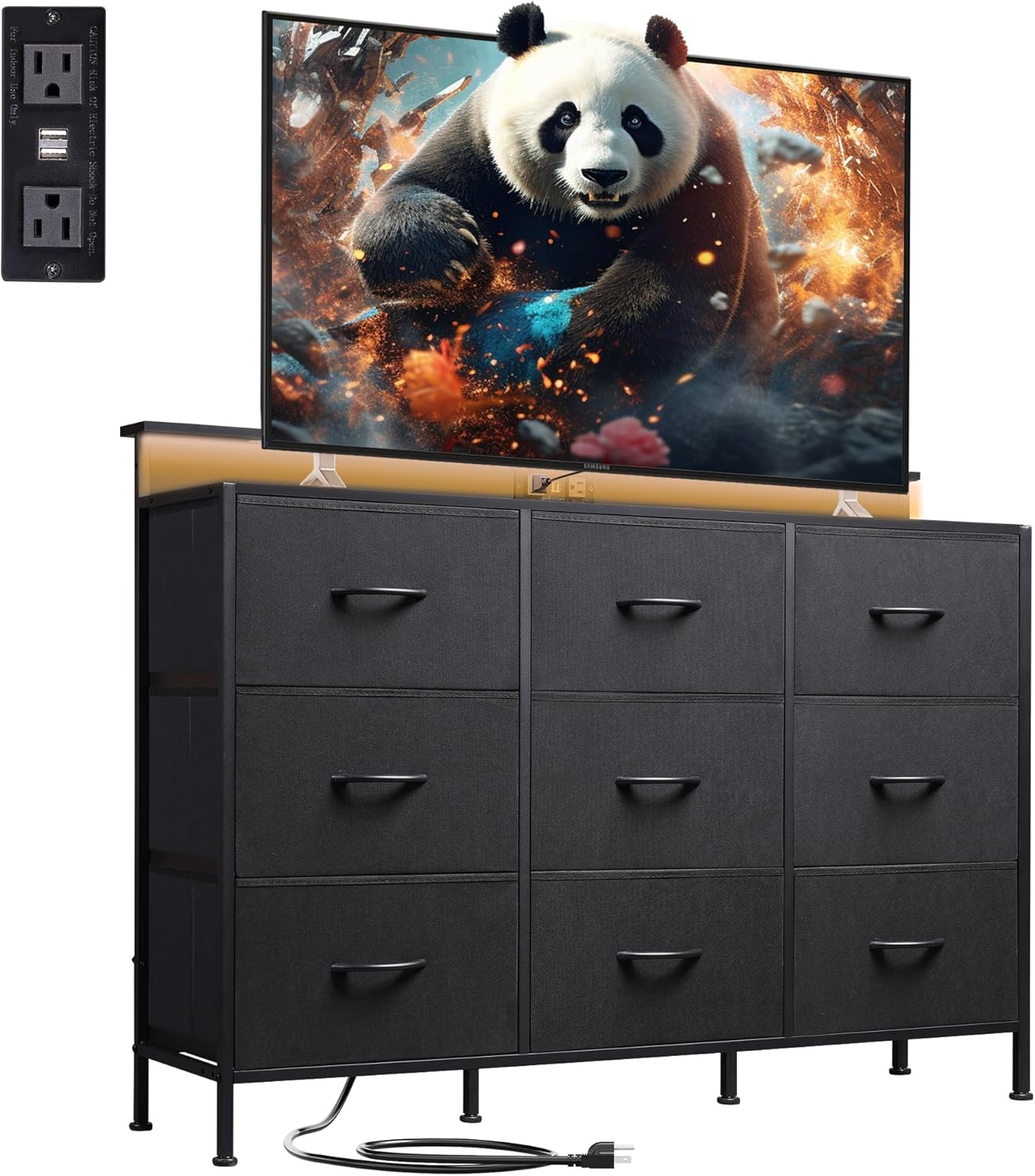 WLIVE Minimalist 9-Drawer LED Large Storage Fabric Dresser TV Stand