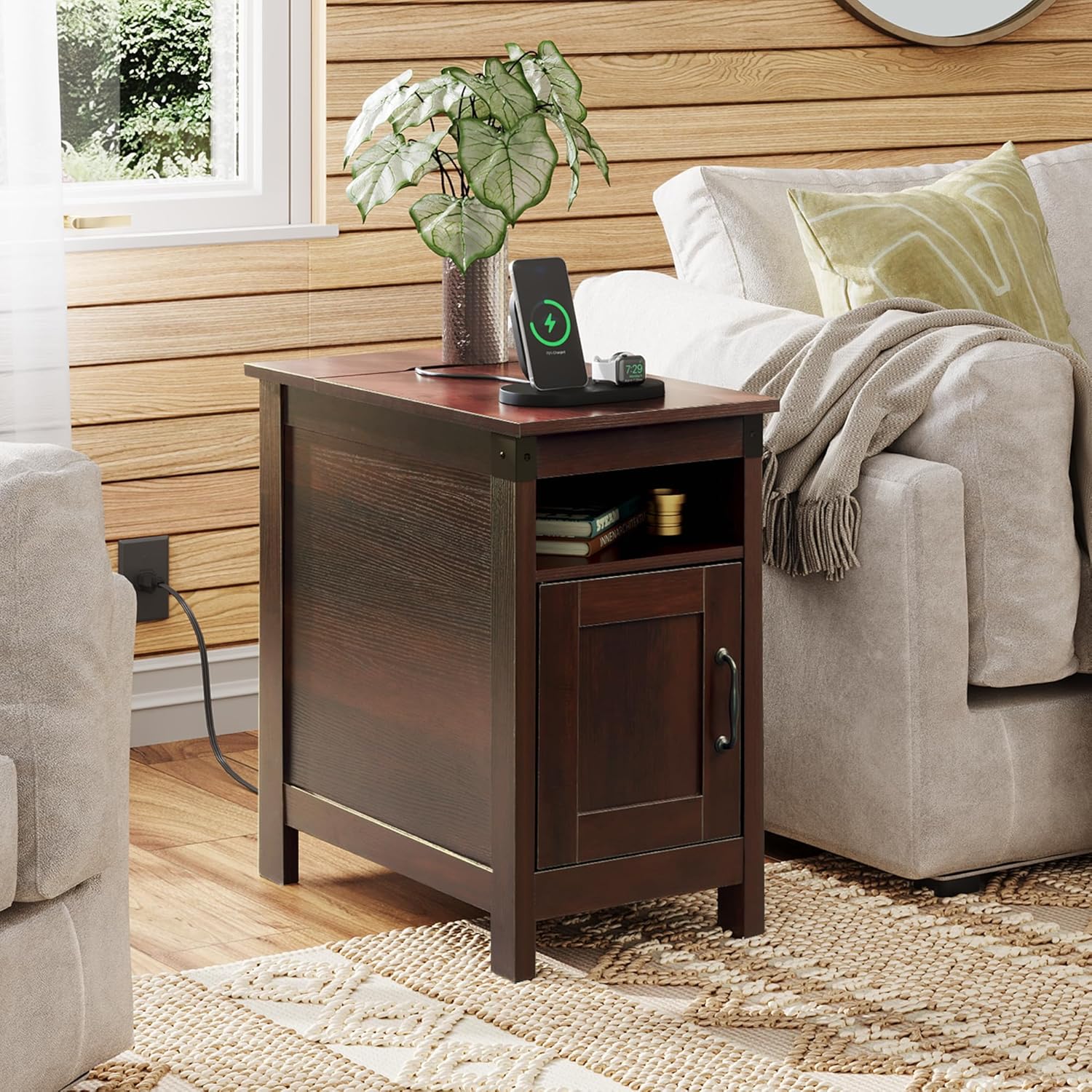 WLIVE Narrow Vintage Charging Side Table with Cabinet