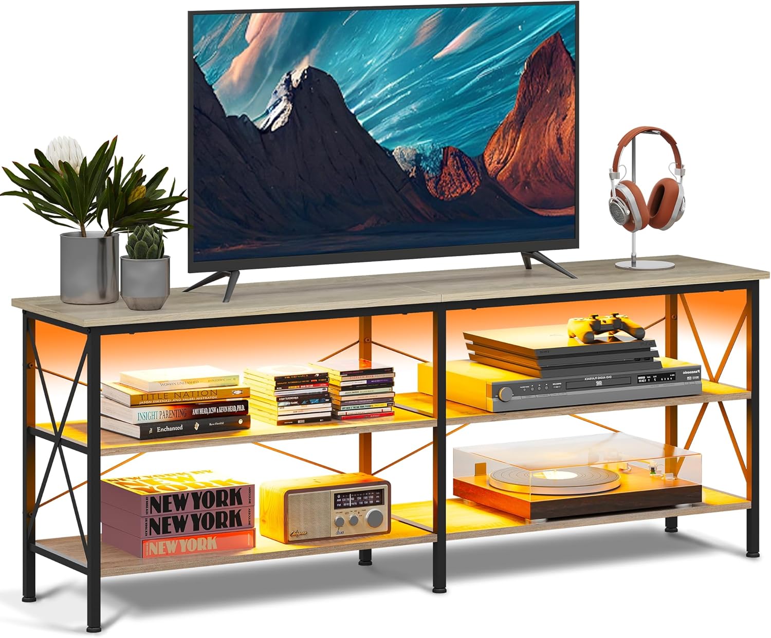 WLIVE Industrial 3-Tier Shelves LED TV Stand for TVs up to 70''