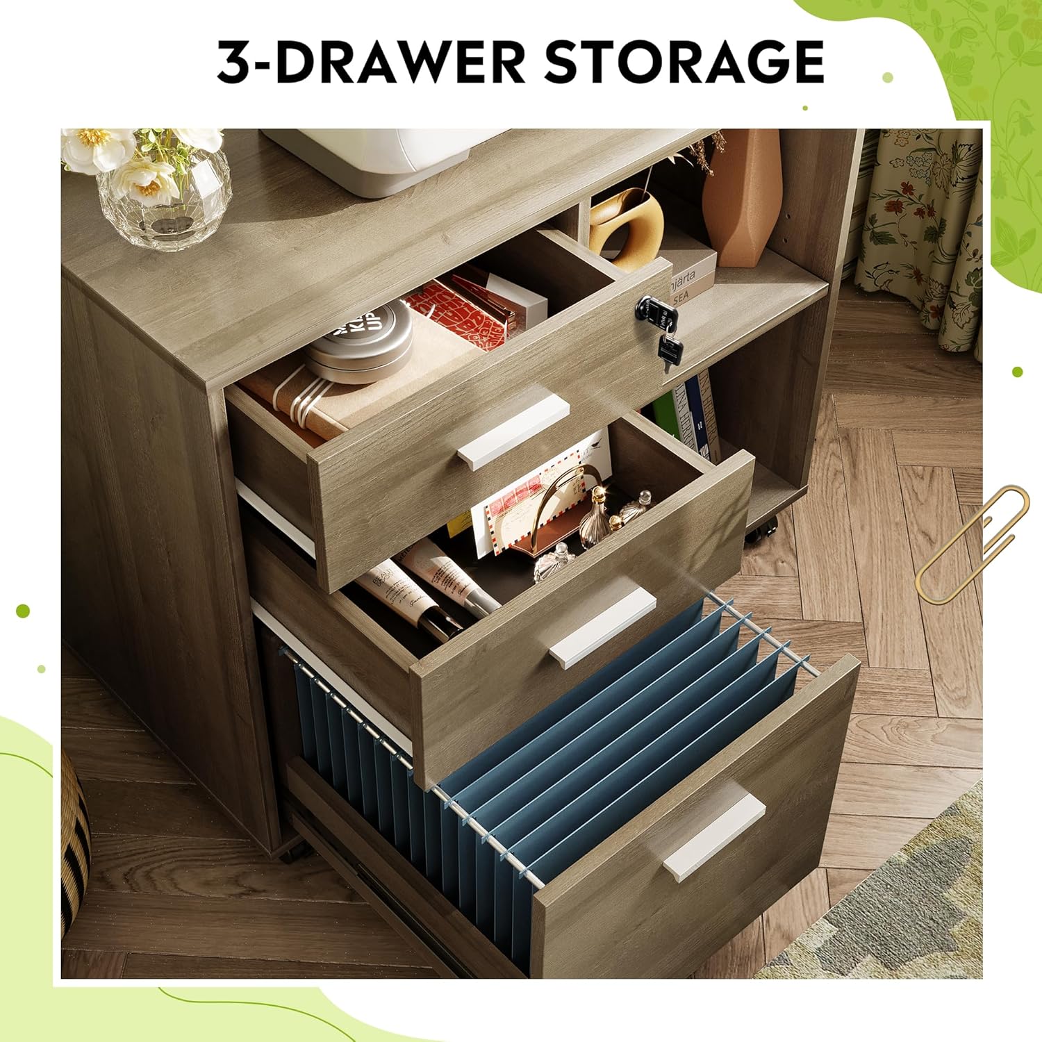 DEVAISE 3-Drawer Wood Lateral File Cabinet with Lock