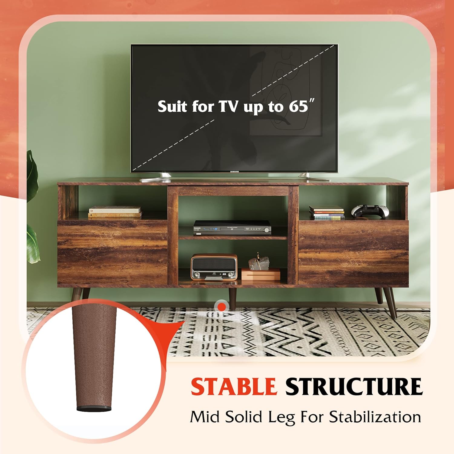 WLIVE Mid Century Modern TV Stand with Cabinets for 65 inch TV