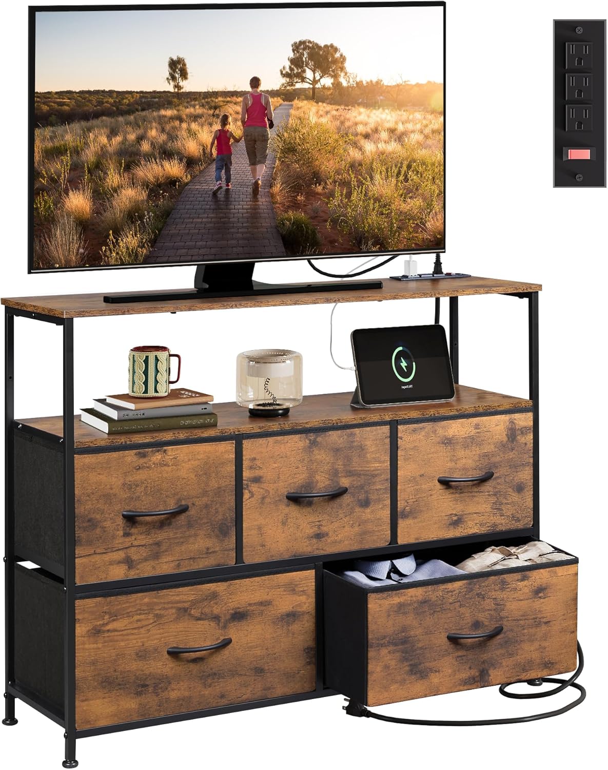 WLIVE Minimalist 5-Drawer Fabric Dresser TV Stand with Open Shelves