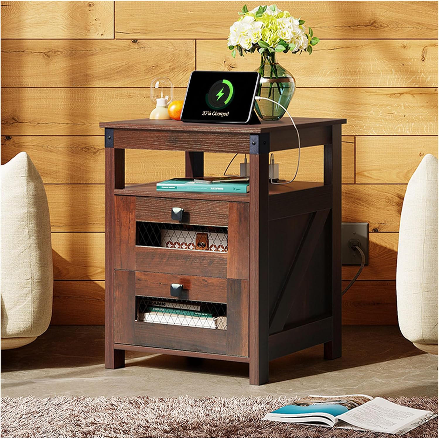 WLIVE Farmhouse 2 Drawer Wood Nightstand with Charging Station