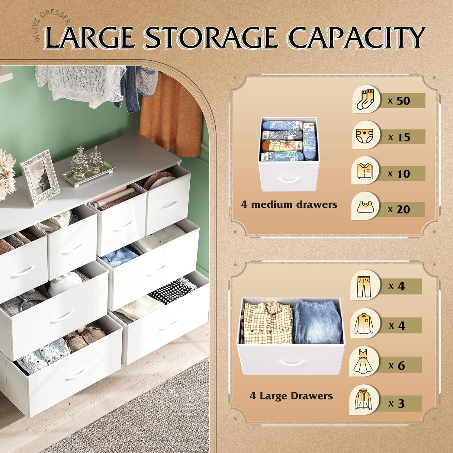 WLIVE Minimalist Wide 8-Drawer Storage Fabric Dresser