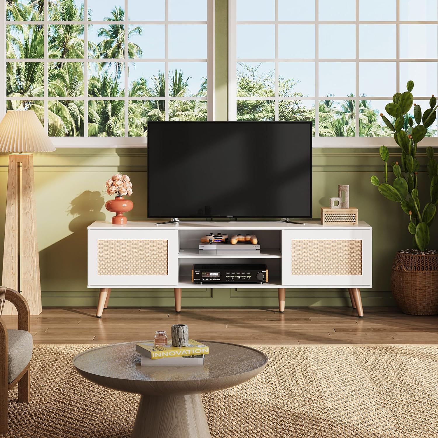 WLIVE Boho TV Stand with 2 Rattan Cabinets for 65 Inch TV