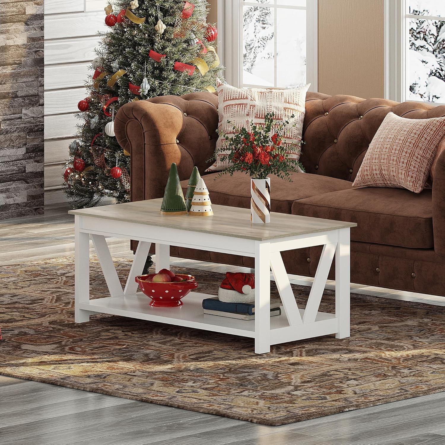 WLIVE Rectangle Farmhouse Wood Coffee Table with Storage Shelf