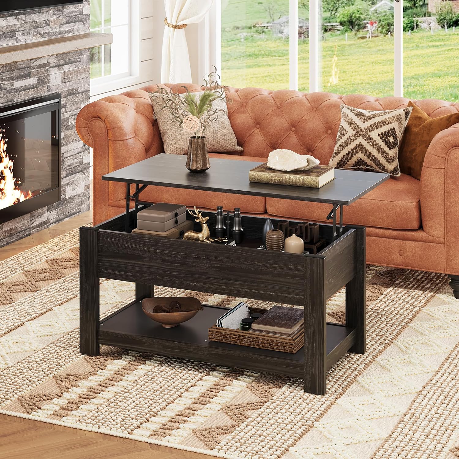 WLIVE Rectangle Rustic Lift Top Coffee Table with Storage Shelf